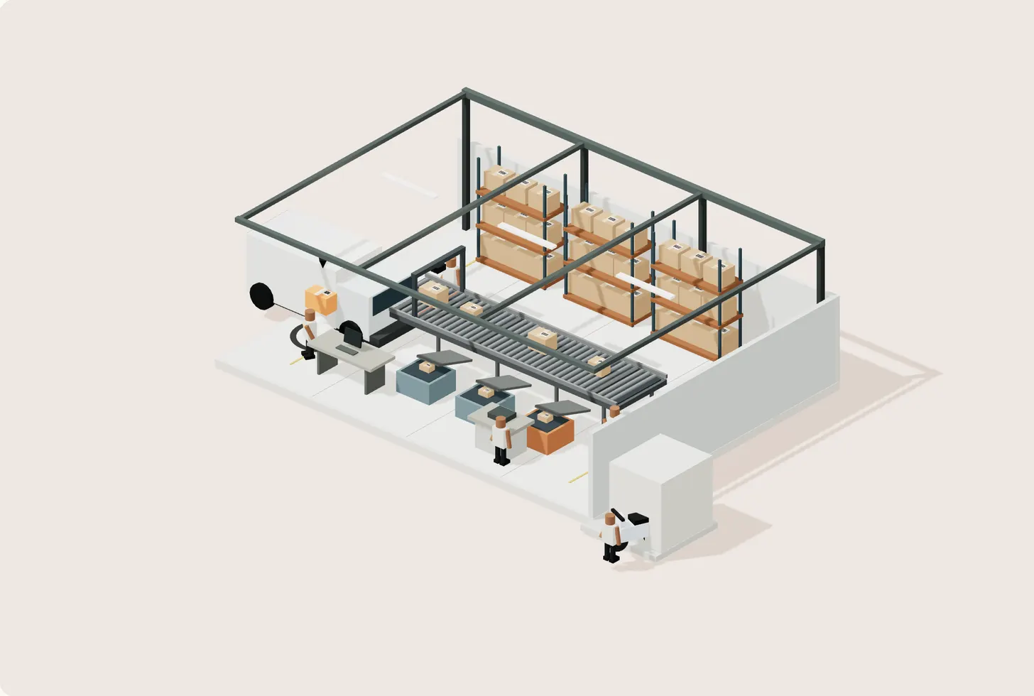 Cutaway of a sorting hub with a truck, people, scan station and route bins
